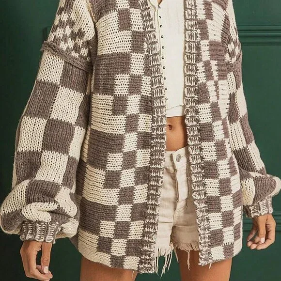 Brown Casual Women's Open Front Mixed Checkered Pattern Knit Cardigan - Picture 6 of 6